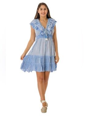 Light Blue Ruffle V-Neck Summer Dress